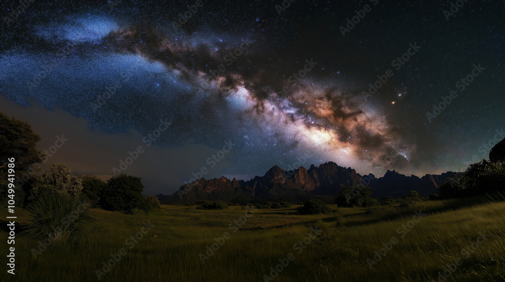 Fototapeta premium A clear, starry night sky with the Milky Way stretching above rugged mountain peaks