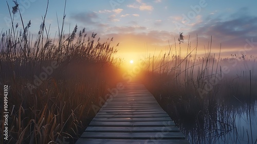 A wooden boardwalk winding through a beautiful marshland surrounded by tall reeds and a misty sunrise creating a peaceful and serene atmosphere for nature lovers to explore photo