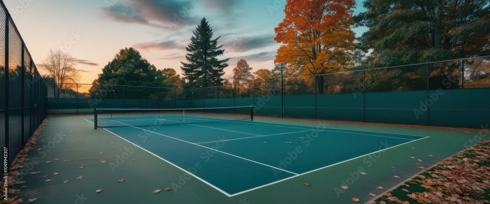 Sunset over tennis courts empty park scene autumn trees cloudy sky Sunset over tennis courts empty park scene autumn trees cloudy sky