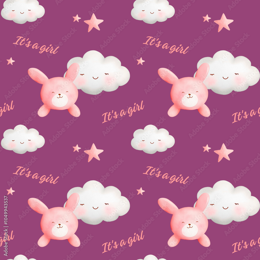 Obraz premium Seamless pattern with pink bunnies, happy clouds, stars and the text