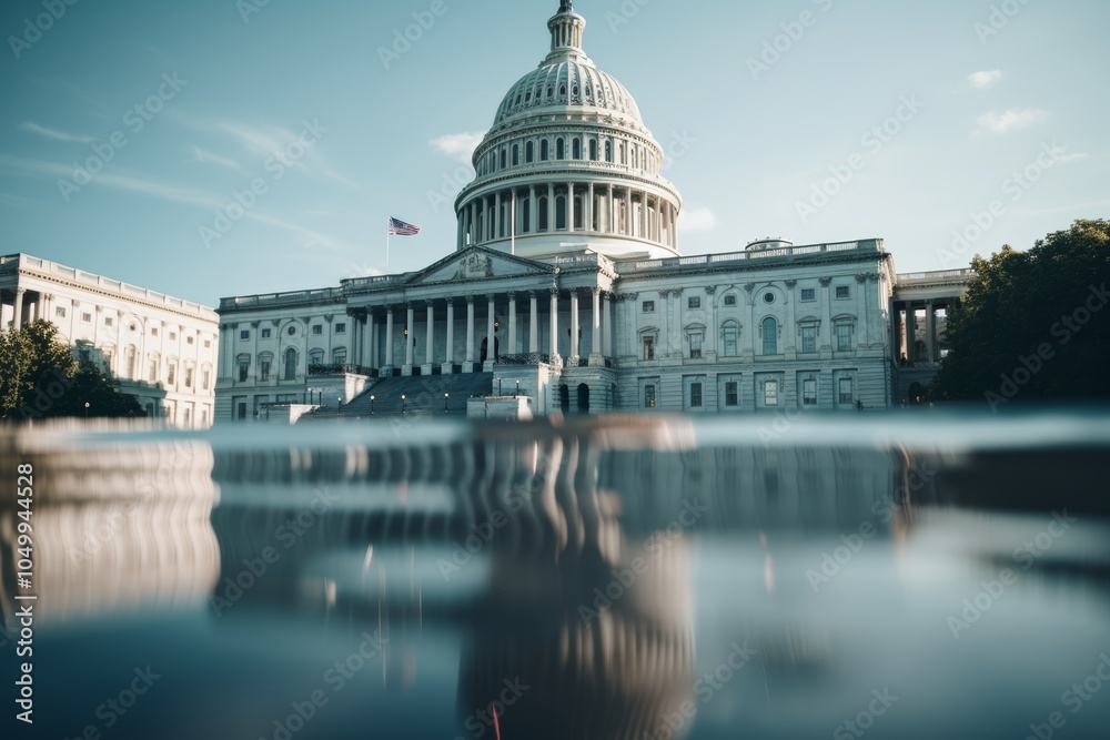 Fototapeta premium Capitol building reflected in tranquil water with political symbolism gradient background