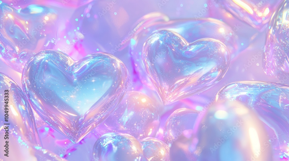 Futuristic Y2K Holographic 3D Shape Aesthetic Background with Floating Hearts and Stars - Ultra-Detailed Render Illustration