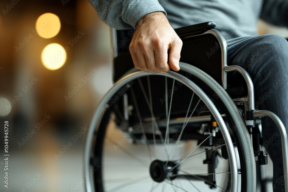 An up-close shot of a man’s hand firmly gripping a wheelchair wheel, symbolizes strength, independence, and mobility challenges. An up-close shot of a man’s hand firmly gripping a wheelchair wheel, symbolizes strength, independence, and mobility challenges.
