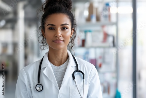 A confident female doctor with a stethoscope poses in a medical setting, exemplifying professionalism, care, and expertise in modern healthcare. photo