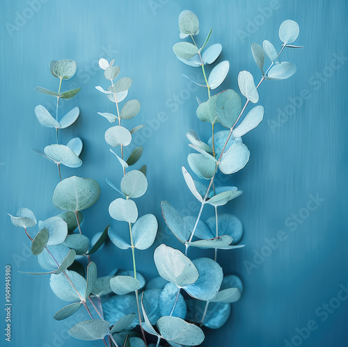 Eucalyptus plant and blue mixed background.