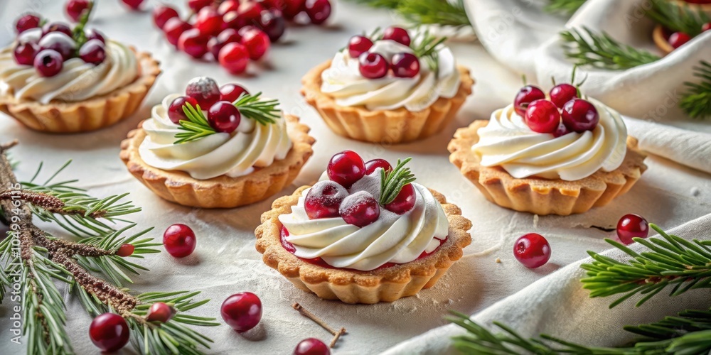 Mini Tartlets with Whipped Cream and Red Berries, Delicately Decorated with Greenery, Resting on a Crisp White Linen Tablecloth Mini Tartlets with Whipped Cream and Red Berries, Delicately Decorated with Greenery, Resting on a Crisp White Linen Tablecloth