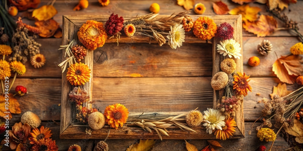 Surreal Autumn Frame with Dried Flowers on Wooden Board for Thanksgiving Day Concept, Seasonal Decor, Nature, Warm Tones, Rustic Aesthetic, Fall Vibes, Harvest Surreal Autumn Frame with Dried Flowers on Wooden Board for Thanksgiving Day Concept, Seasonal Decor, Nature, Warm Tones, Rustic Aesthetic, Fall Vibes, Harvest