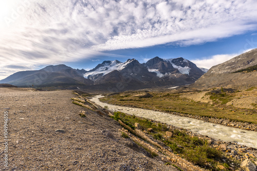 Athabasca Glacier with athabasca river at Columbia Icefield Parkway, Canada photo