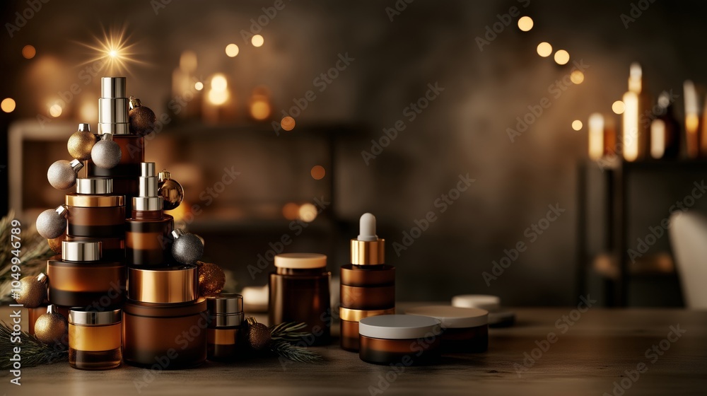 A creative Christmas tree made from stacked amber-colored skincare jars, adorned with small golden and silver baubles, glowing with warm lights in a cozy holiday setting A creative Christmas tree made from stacked amber-colored skincare jars, adorned with small golden and silver baubles, glowing with warm lights in a cozy holiday setting