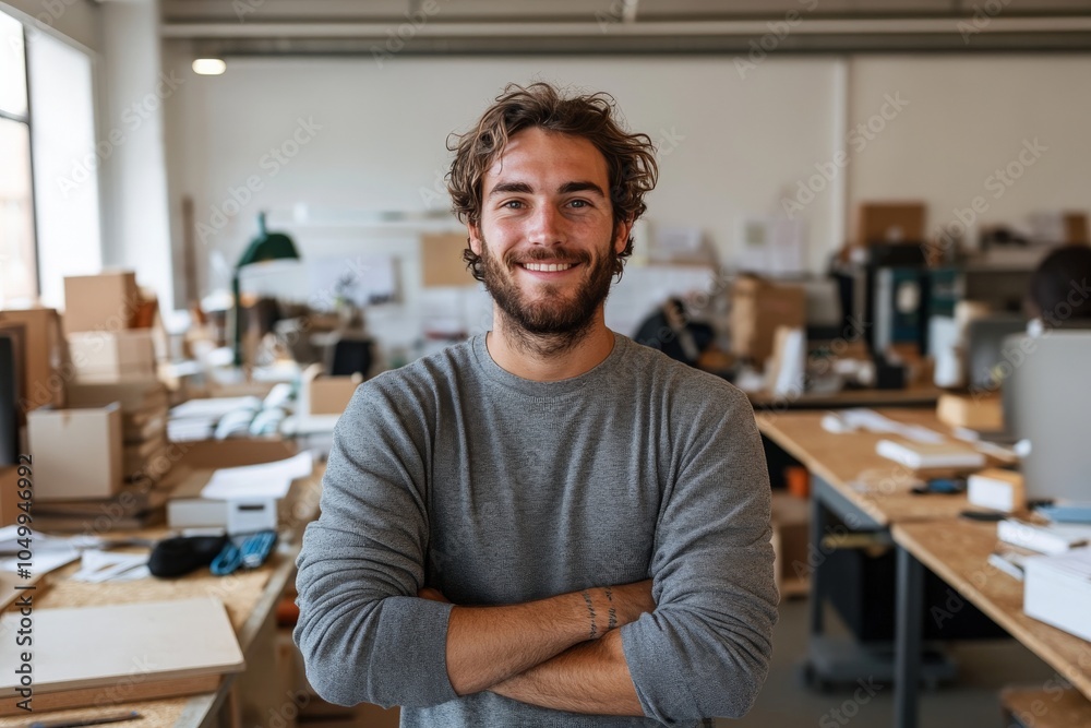 Obraz premium A cheerful man with a beard, arms crossed, standing confidently in a modern workspace filled with various office supplies and materials, expressing satisfaction and success.