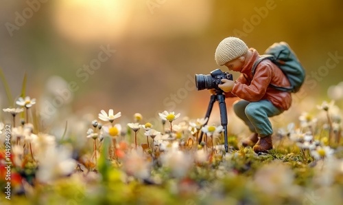 Tiny photographer capturing wildflowers on tripod.