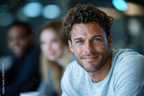 A confident man with tousled hair smiles warmly, sitting indoors with a blurred background of colleagues at a table, exuding friendliness and approachability.