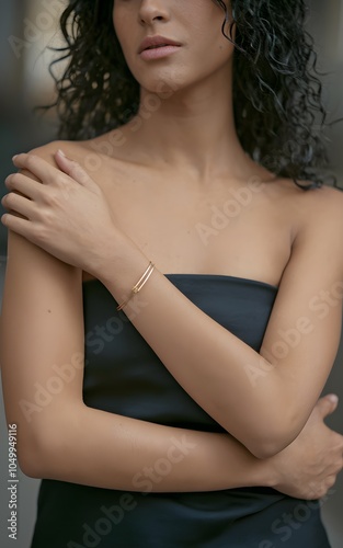 a close-up of a woman's arms emphasizing a minimalist gold bracelet on her wrist. photo