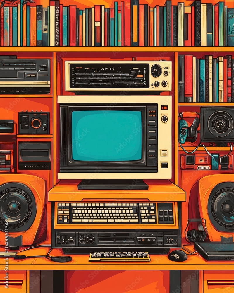 Fototapeta premium A retro computer setup with a vintage television, speakers, and bookshelves in the background.