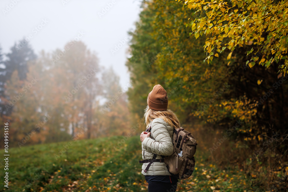 Fototapeta premium Woman hiking on footpath in autumn woodland. Solo tourist and eco tourism. Exploration and adventure in nature