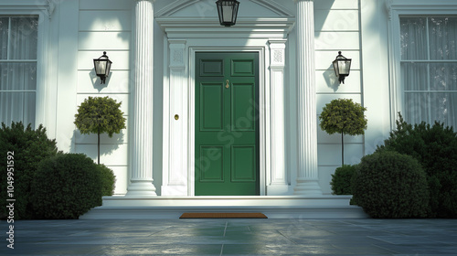 green door of white house , entrance to the house