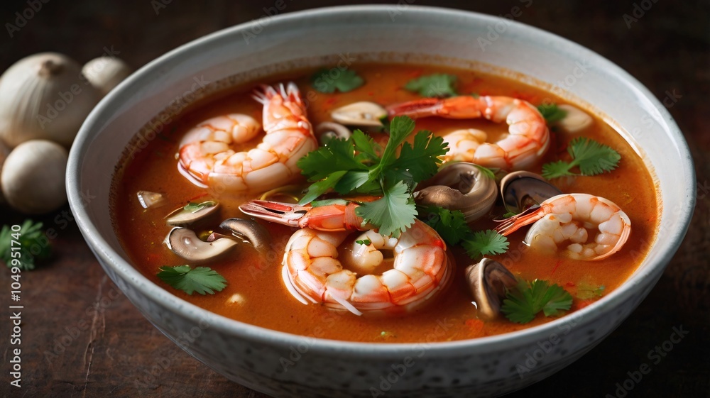 A bowl of steaming hot tom yum soup with prawns, mushrooms, and lemongrass, garnished with fresh coriander and red chili for a pop of color A bowl of steaming hot tom yum soup with prawns, mushrooms, and lemongrass, garnished with fresh coriander and red chili for a pop of color