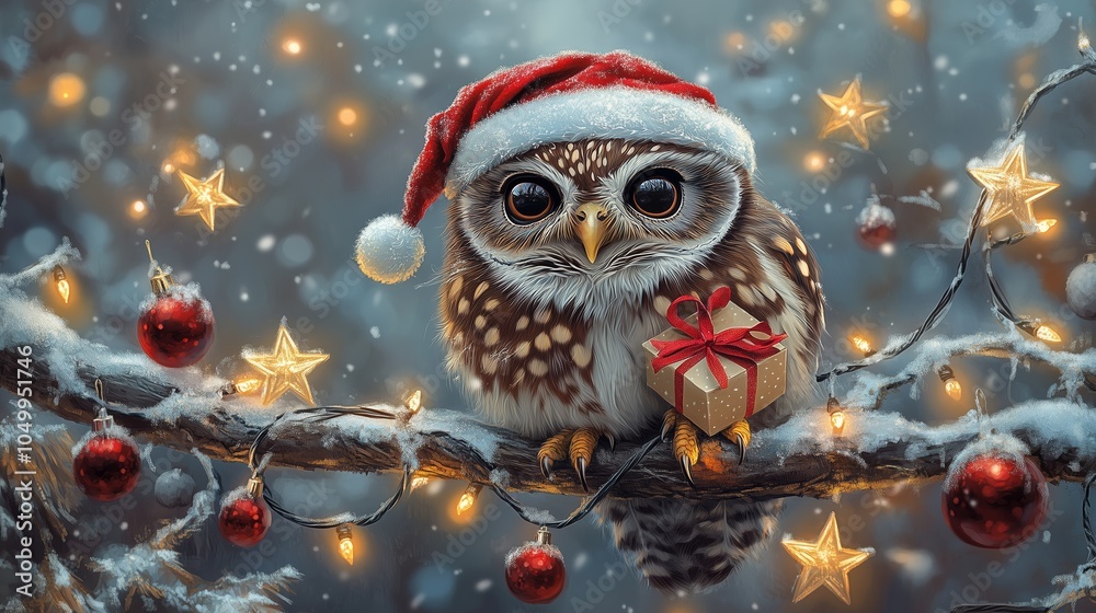 A charming owl perched on a snow-covered branch, wearing a Santa hat and surrounded by twinkling Christmas lights and ornaments. A charming owl perched on a snow-covered branch, wearing a Santa hat and surrounded by twinkling Christmas lights and ornaments.