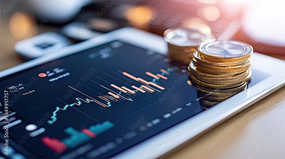 Close-Up of Tablet Displaying Investment Data and Coins Close-Up of Tablet Displaying Investment Data and Coins