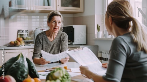 A detailed view of a nutritionist consulting with a patient about a healthy diet plan with focus on nutritional charts and patient interaction, set against a bright, organized consultation room photo