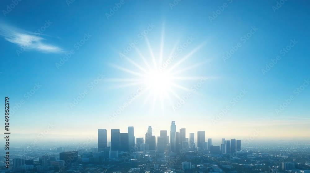 A stunning view of a city skyline illuminated by the bright sun against a clear blue sky. A stunning view of a city skyline illuminated by the bright sun against a clear blue sky.
