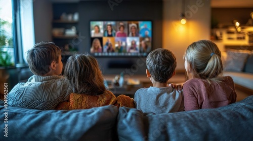 A family gathered in a cozy living room watches as a smart TV displays a montage of family photos synced from the cloud. As each picture flashes, stories are shared, laughter fills the room, 