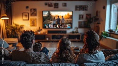 A family gathered in a cozy living room watches as a smart TV displays a montage of family photos synced from the cloud. As each picture flashes, stories are shared, laughter fills the room, 