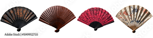 This design features a collection of four beautifully crafted hand fans, each with unique colors and patterns. Ideal for festivals, performances, or decorative purposes, these fans represent artistry photo