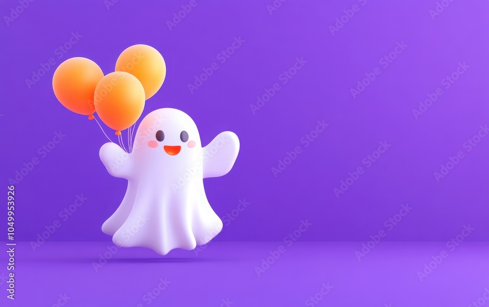 A minimal Halloween concept featuring a cute little ghost dressed in a flowing white costume, joyfully holding orange balloons against a vibrant purple background. A minimal Halloween concept featuring a cute little ghost dressed in a flowing white costume, joyfully holding orange balloons against a vibrant purple background.
