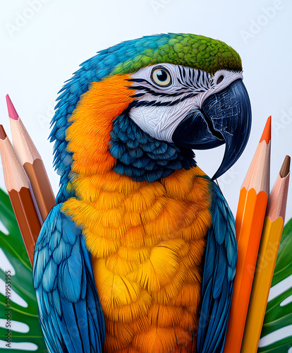 A parrot and colored pencils. photo