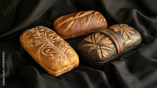 A charming display of three artisanal loaves of bread lined on soft black fabric, inviting appreciation for their artisanal craftsmanship.