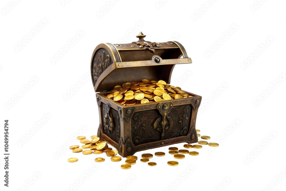 treasure chest with gold coins isolated on white background treasure chest with gold coins isolated on white background