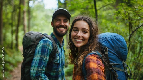 Couple's Hiking Adventure Amidst Vibrant Greenery