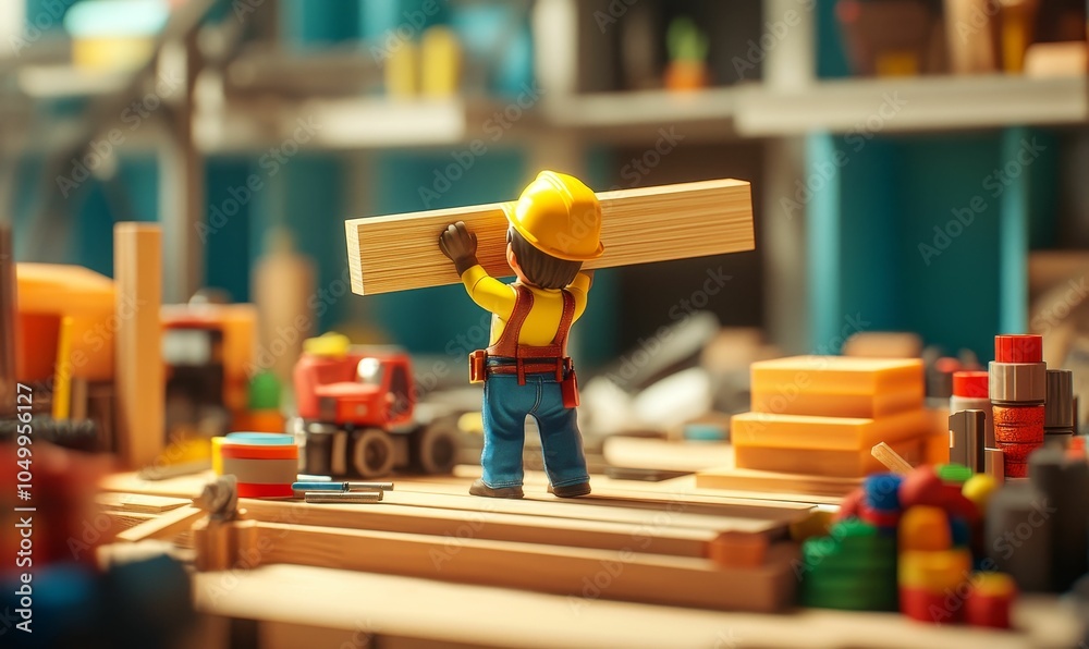 Fototapeta premium Construction worker figurine carrying a wooden plank.
