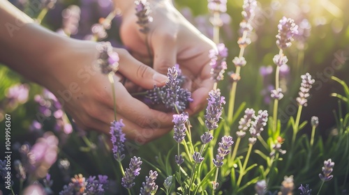 Close-up of hands picking lavender flowers in a field.