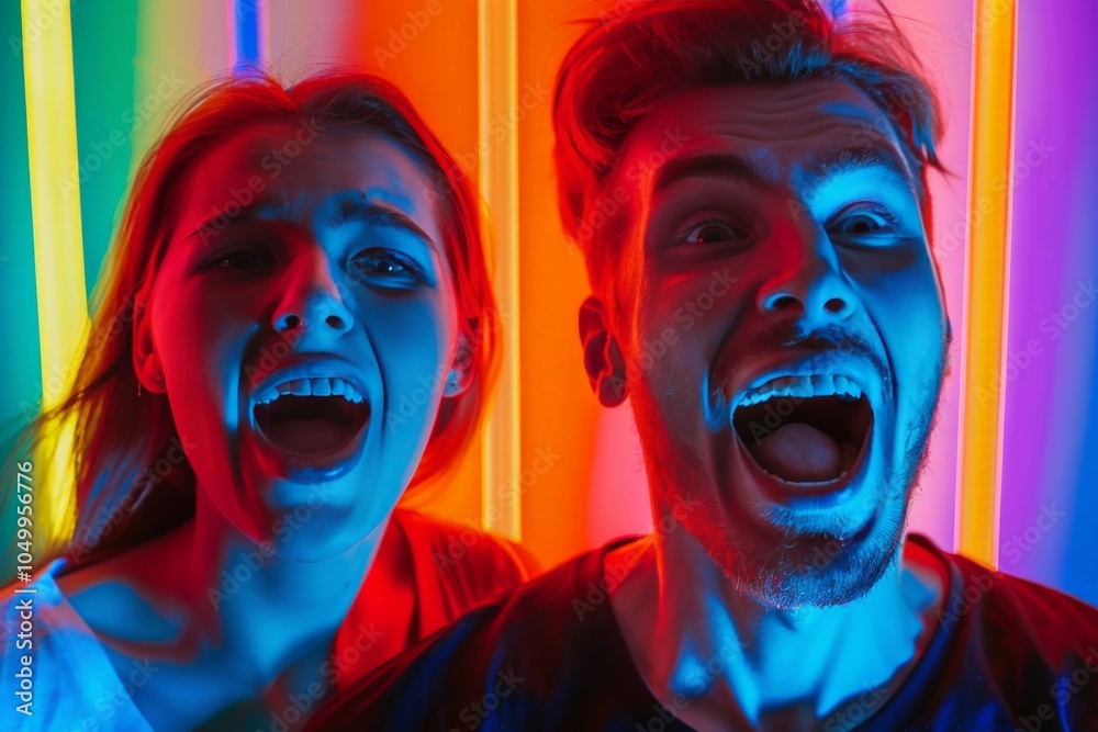 Obraz premium A colorful portrait of a man and woman displaying expressions of shock and surprise, illuminated by vivid neon lights in the background. The scene is dynamic and intense.