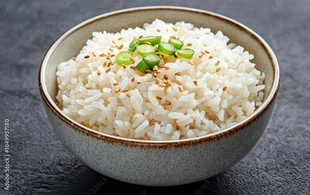 Soft, fluffy Thai jasmine rice served in a simple, elegant bowl with a sprinkle of sesame seeds and sliced green onions on top Soft, fluffy Thai jasmine rice served in a simple, elegant bowl with a sprinkle of sesame seeds and sliced green onions on top