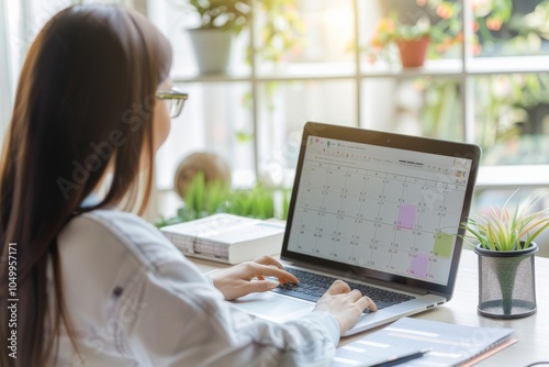 A woman works on a laptop, planning her schedule with a calendar software. The setting is serene and filled with natural greenery, depicting productivity. photo