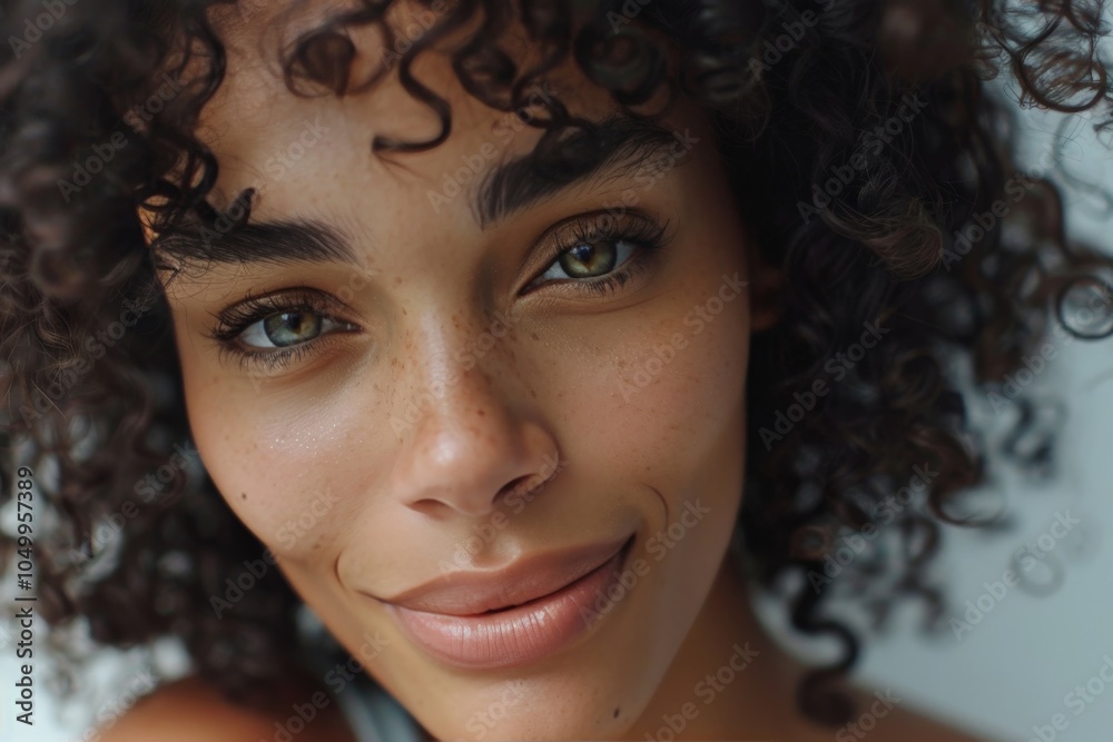 A close-up portrait of a young woman with curly hair and freckles, her eyes are captivating and expressive, highlighting her natural beauty and individuality. A close-up portrait of a young woman with curly hair and freckles, her eyes are captivating and expressive, highlighting her natural beauty and individuality.