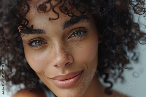 A close-up portrait of a young woman with curly hair and freckles, her eyes are captivating and expressive, highlighting her natural beauty and individuality.