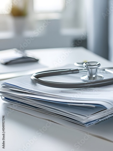 A stethoscope rests on a stack of medical documents on a doctor's desk, ready for the next patient.