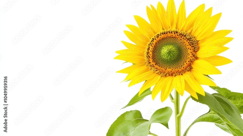 Fototapeta premium A vibrant sunflower with bright yellow petals and green leaves against a white background.