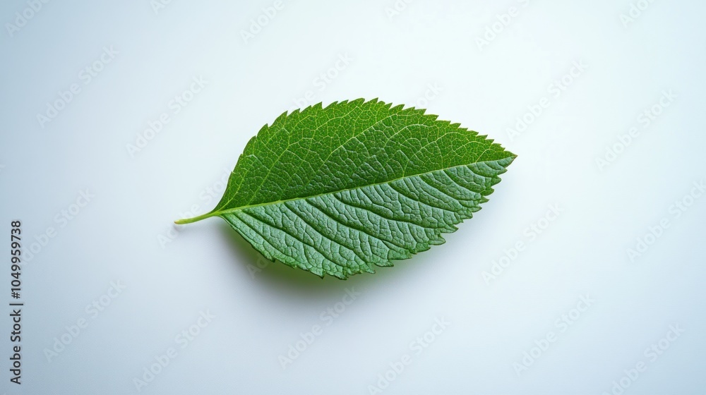 Obraz premium A single green leaf displayed on a light background, showcasing its texture and color.