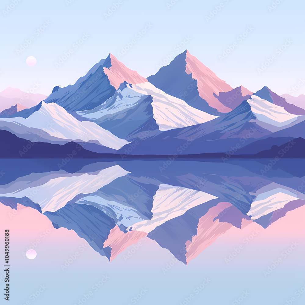 Fototapeta premium A serene sunrise over majestic mountains, their peaks kissed by the soft blush of dawn, perfectly reflected in a tranquil lake below.