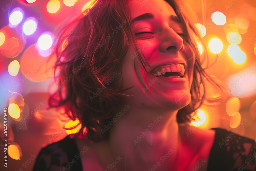 A woman is caught in a moment of pure joy and laughter as she is surrounded by a backdrop of vivid, colorful lights, capturing an upbeat, festive atmosphere. A woman is caught in a moment of pure joy and laughter as she is surrounded by a backdrop of vivid, colorful lights, capturing an upbeat, festive atmosphere.