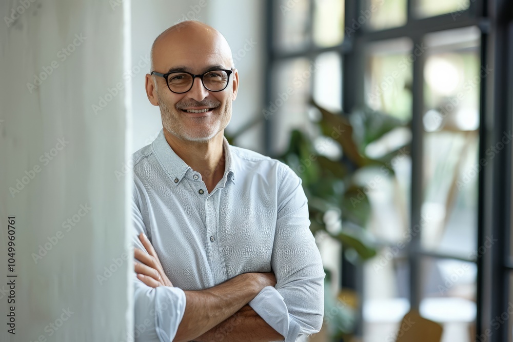 A bald man wearing glasses and a crisp white shirt is smiling confidently at the camera with a background of large windows and leafy plants outdoors. A bald man wearing glasses and a crisp white shirt is smiling confidently at the camera with a background of large windows and leafy plants outdoors.