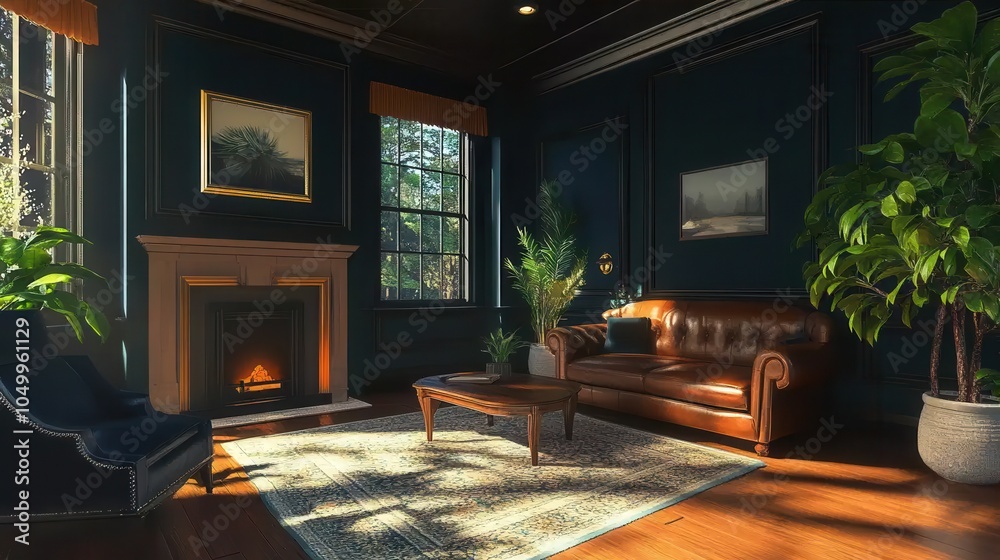Dark blue walls with wooden floors, a modern fireplace as a centrepiece, black sofas and greenery to add a natural touch.