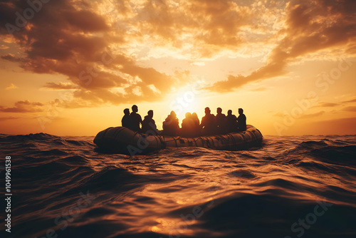 Silhouette of refugees on raft at dramatic sunset over ocean