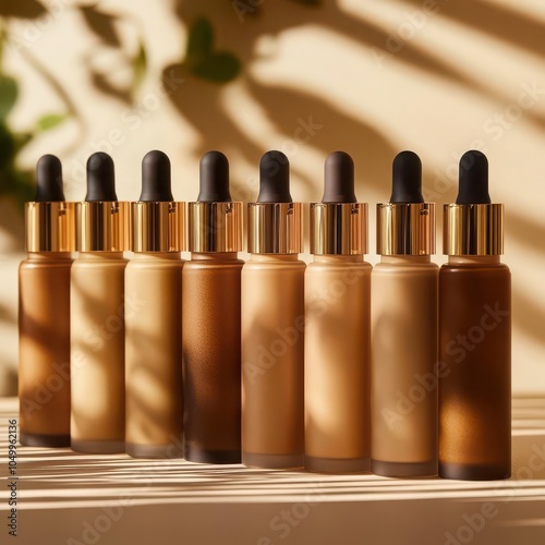 Foundation bottles standing in a row, casting long shadows, minimalist style, neutral earth tones, soft matte finishes, backlit by warm golden light for a smooth glow effect