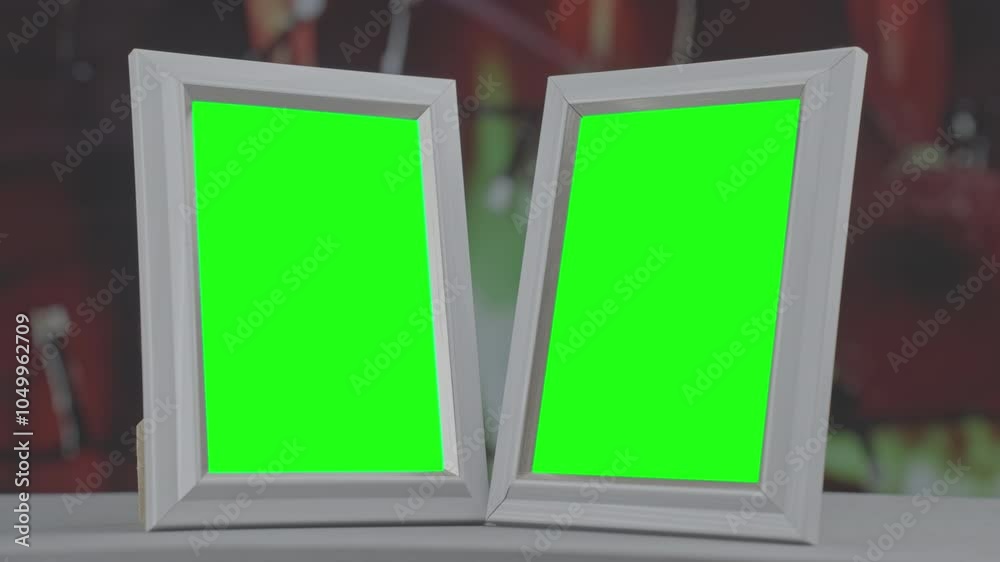 Two white picture frames with green chroma key screens placed side by side against blurred background perfect for photo or artwork mockups.